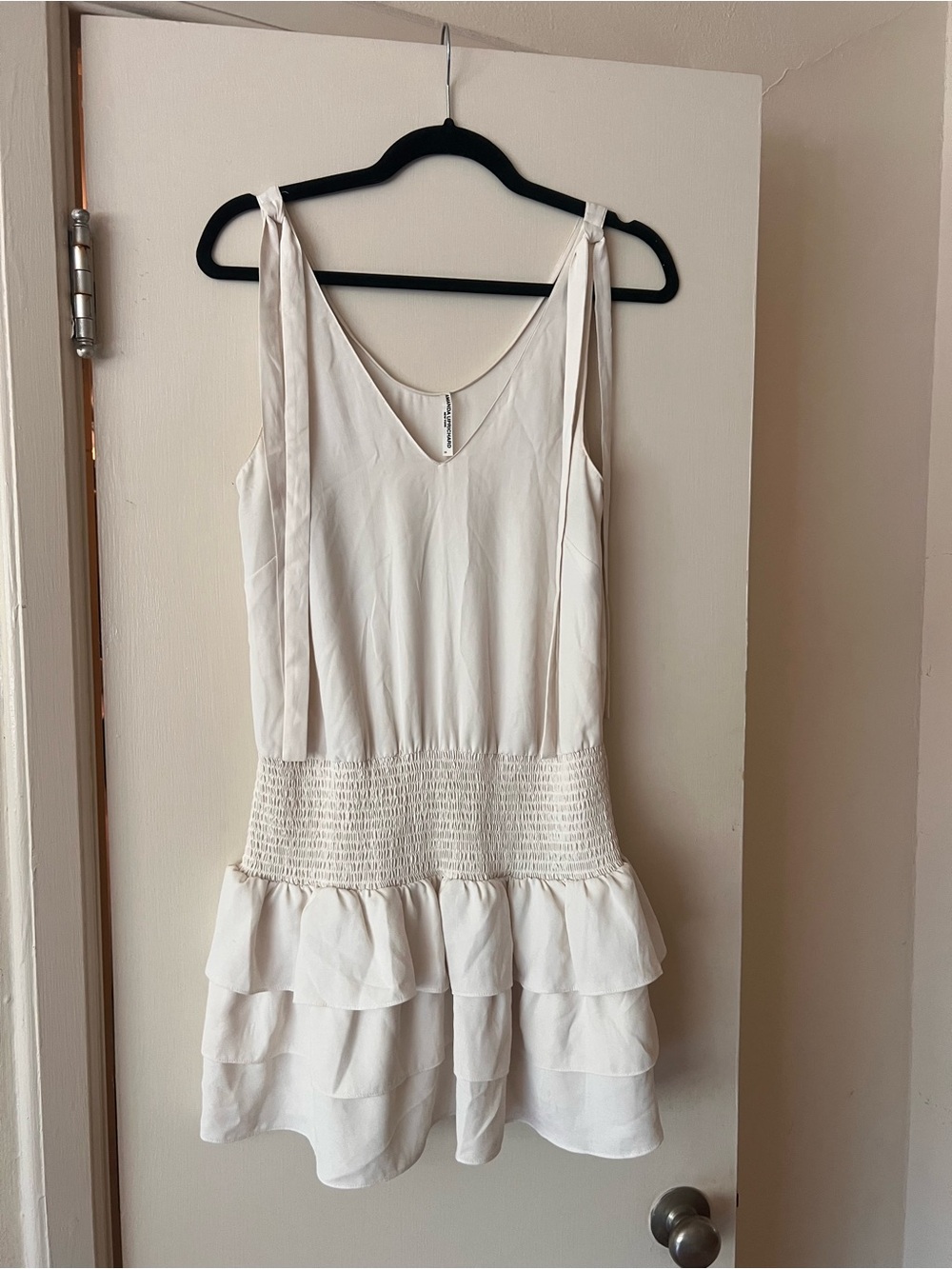 Amanda Uprichard Cream Tie-Shoulder Smocked Ruffle Mini Dress